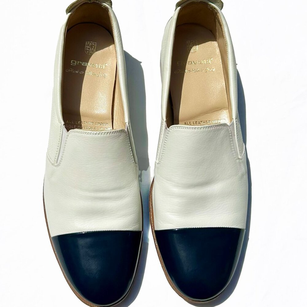 Gravati Women’s Leather Loafers – White/Navy Cap Toe – Size 8M – Made in Italy